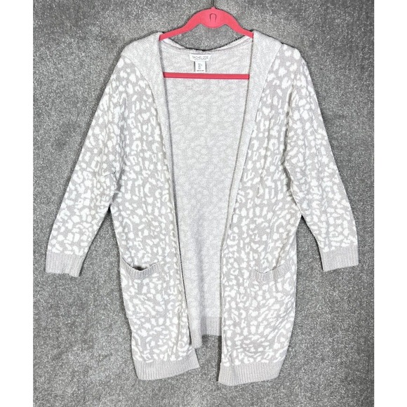 Rachel Zoe Animal Print Hooded Open Front Cardigan Sweater Women Size Large Gray - Picture 1 of 7